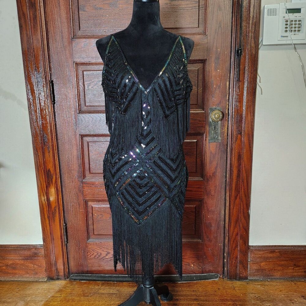 1920s Inspired Flapper Dress V-neck Slip Dress Roaring 20s Great Gatsby Dress...